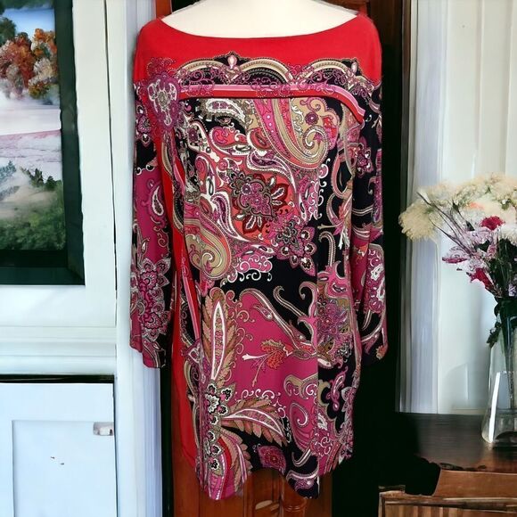 JM Collection Paisley Slinky Tunic L Top Boho Rococo Colorful Baroque Regency - Picture 12 of 16